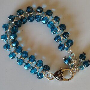 Hand Beaded Blue & Silver Czech Glass Cathedral Beaded Bracelet